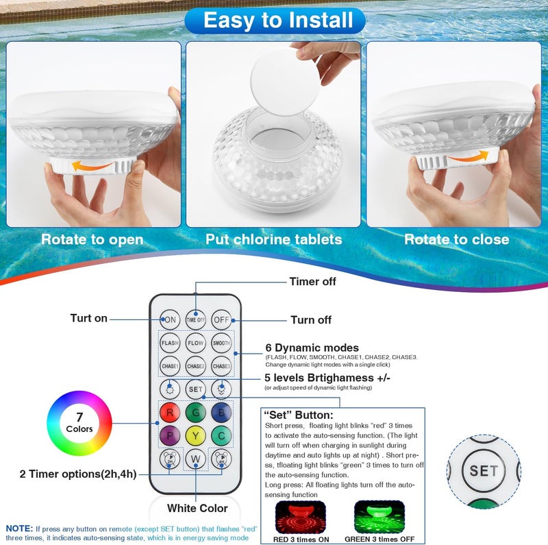 QOLNBY Pool Chlorine Floater Solar Floating Pool Lights with USB Charging 3 in1, IP68 Waterproof 2600mAh 13 Color Modes Pool Lights, Adjustable Pool Chlorine Dispenser for 1" & 3" for Pool 1 Pack - Image 5